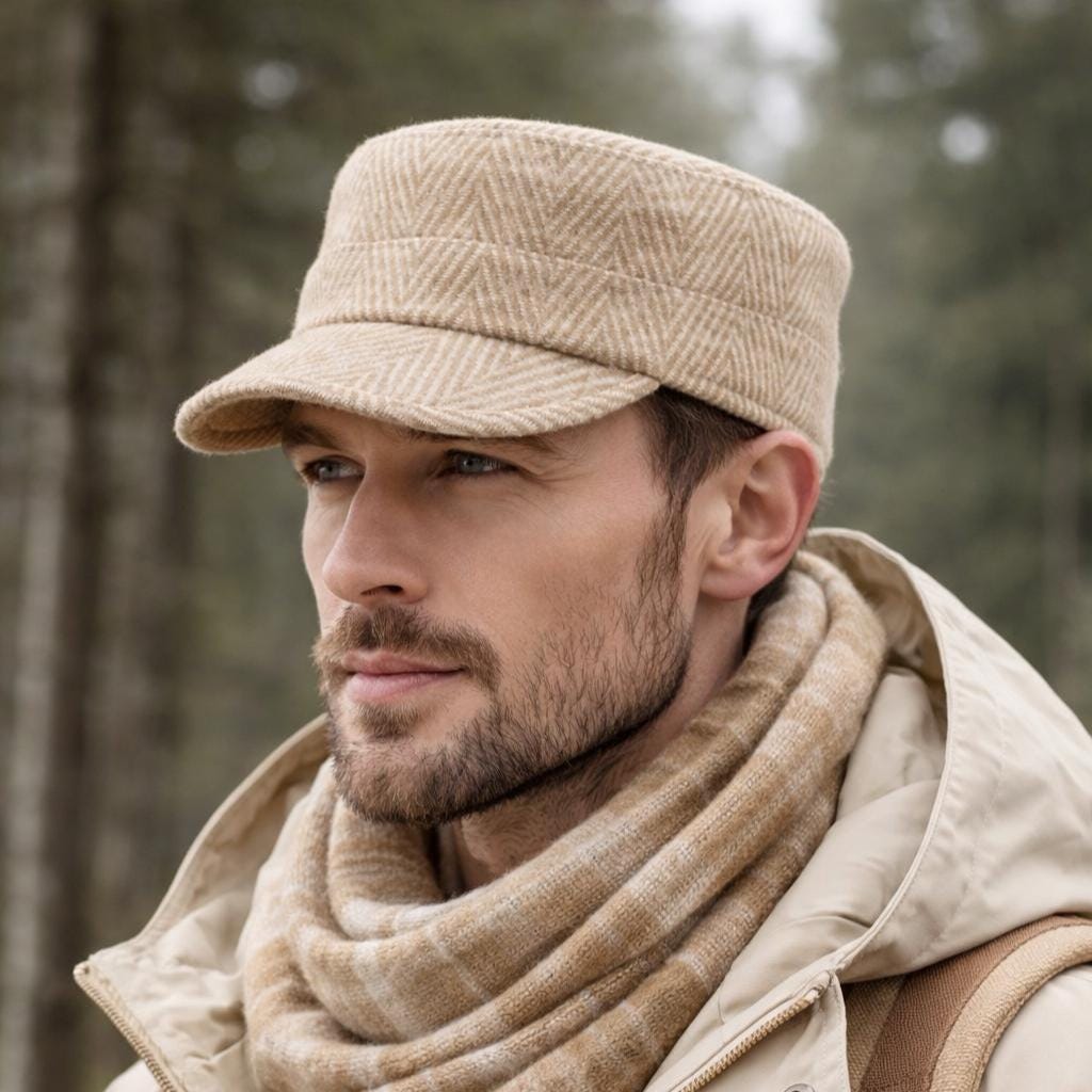 Wool Castro Cap For Men Herringbone Military Hat, Winter Style