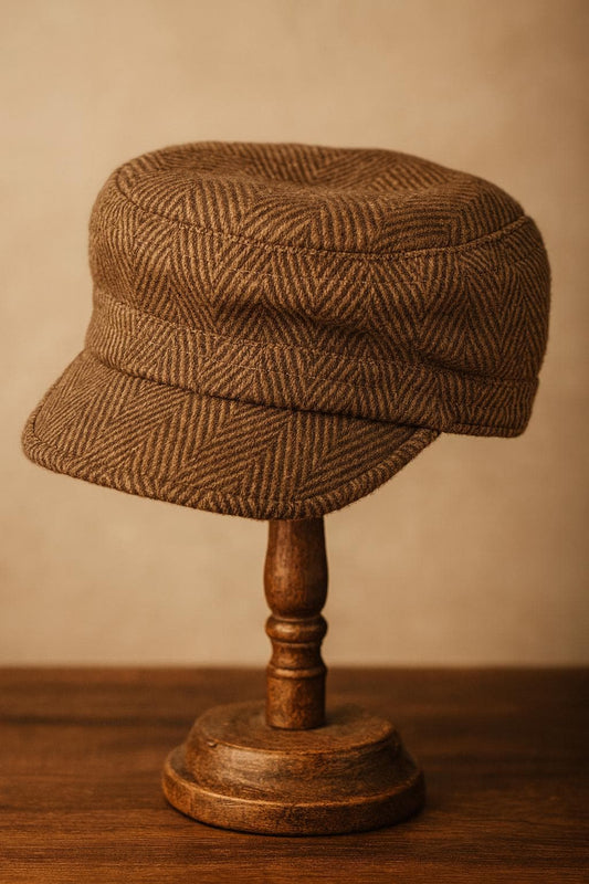 Wool Castro Cap For Men Herringbone Military Hat, Winter Style