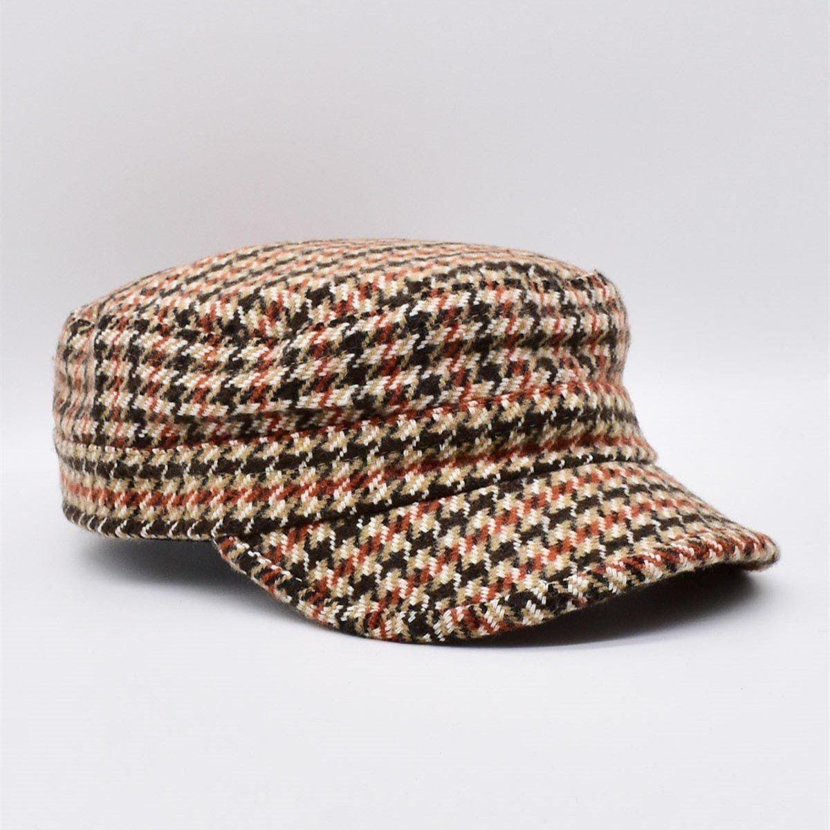 Men Wool Cadet Cap Brown Tweed Military Hat