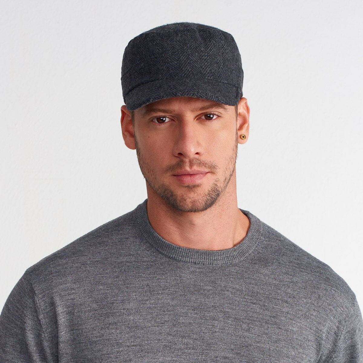 Wool Herringbone Military Cap - Winter Army Style Hat