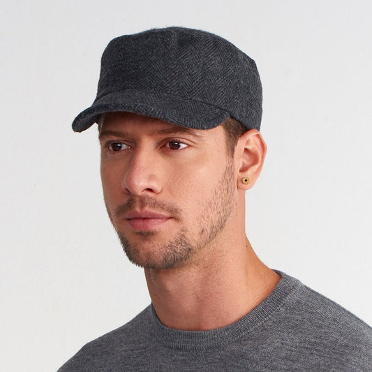 Wool Herringbone Military Cap - Winter Army Style Hat