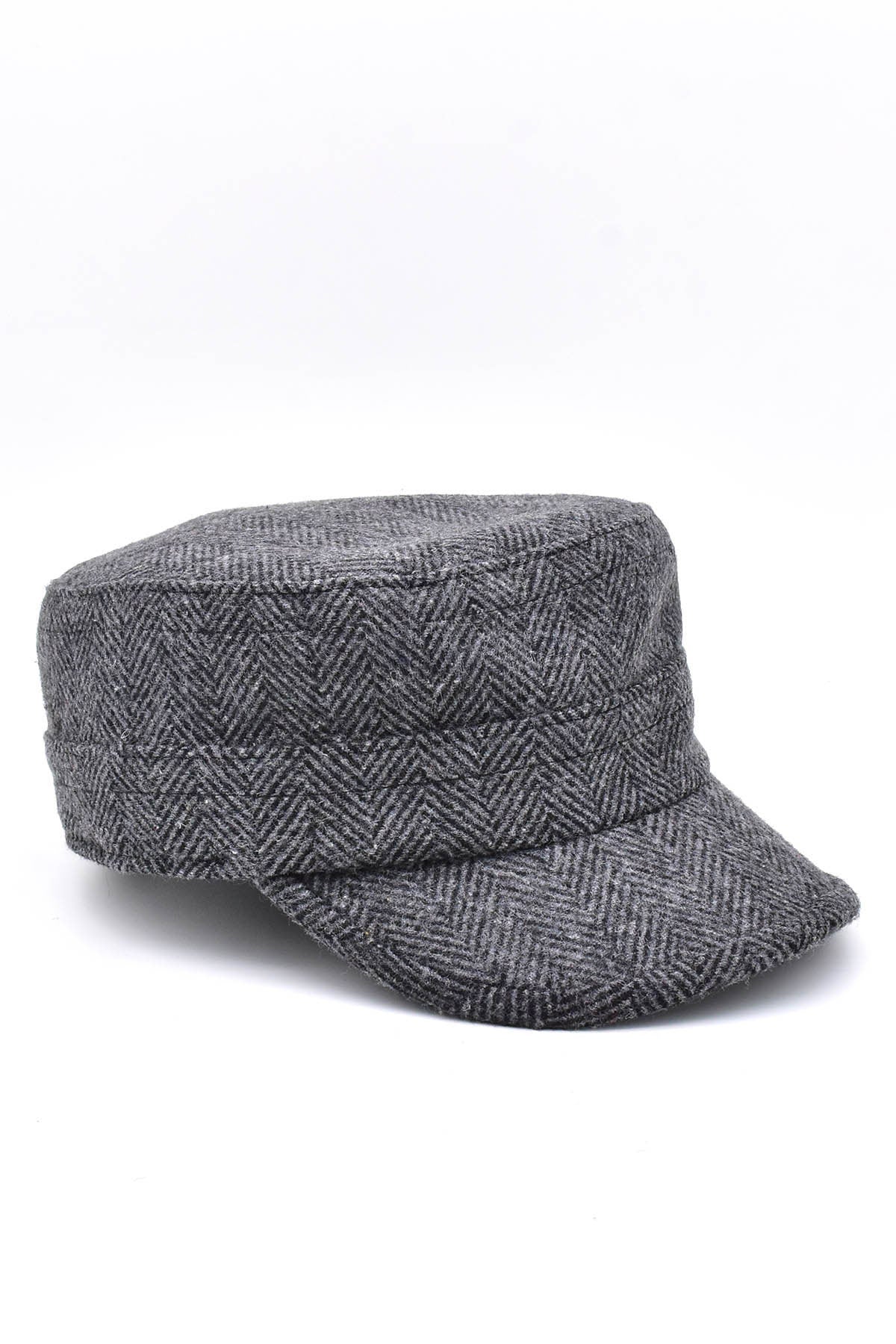 Herringbone Wool Military Cap: Unisex Winter Castro Hat
