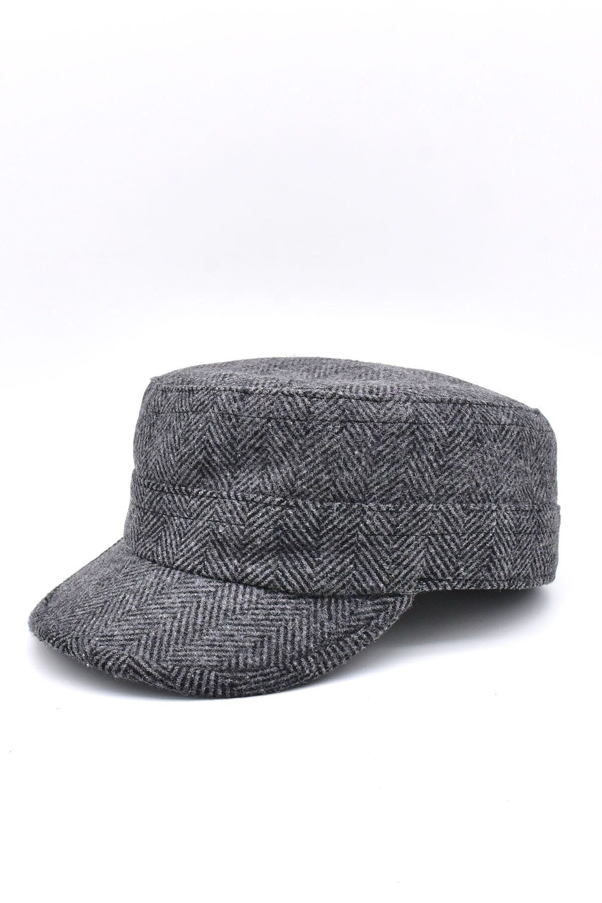 Herringbone Wool Military Cap: Unisex Winter Castro Hat