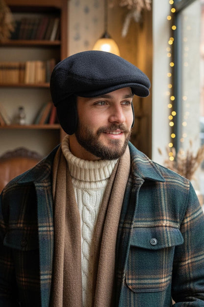 Luxury Wool Earflap Flat Cap For Men Handmade Winter Hat, Timeless Gentleman Look