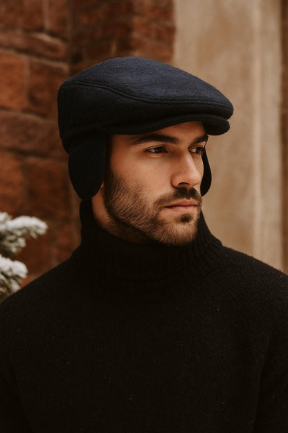 Luxury Wool Earflap Flat Cap For Men Handmade Winter Hat, Timeless Gentleman Look