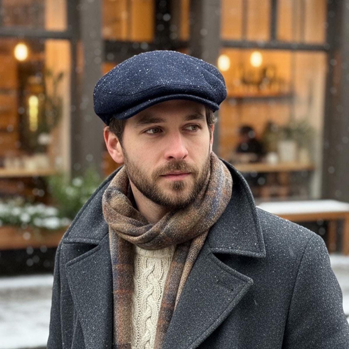 Luxury Wool Earflap Flat Cap For Men Handmade Winter Hat, Timeless Gentleman Look