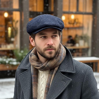 Luxury Wool Earflap Flat Cap For Men Handmade Winter Hat, Timeless Gentleman Look