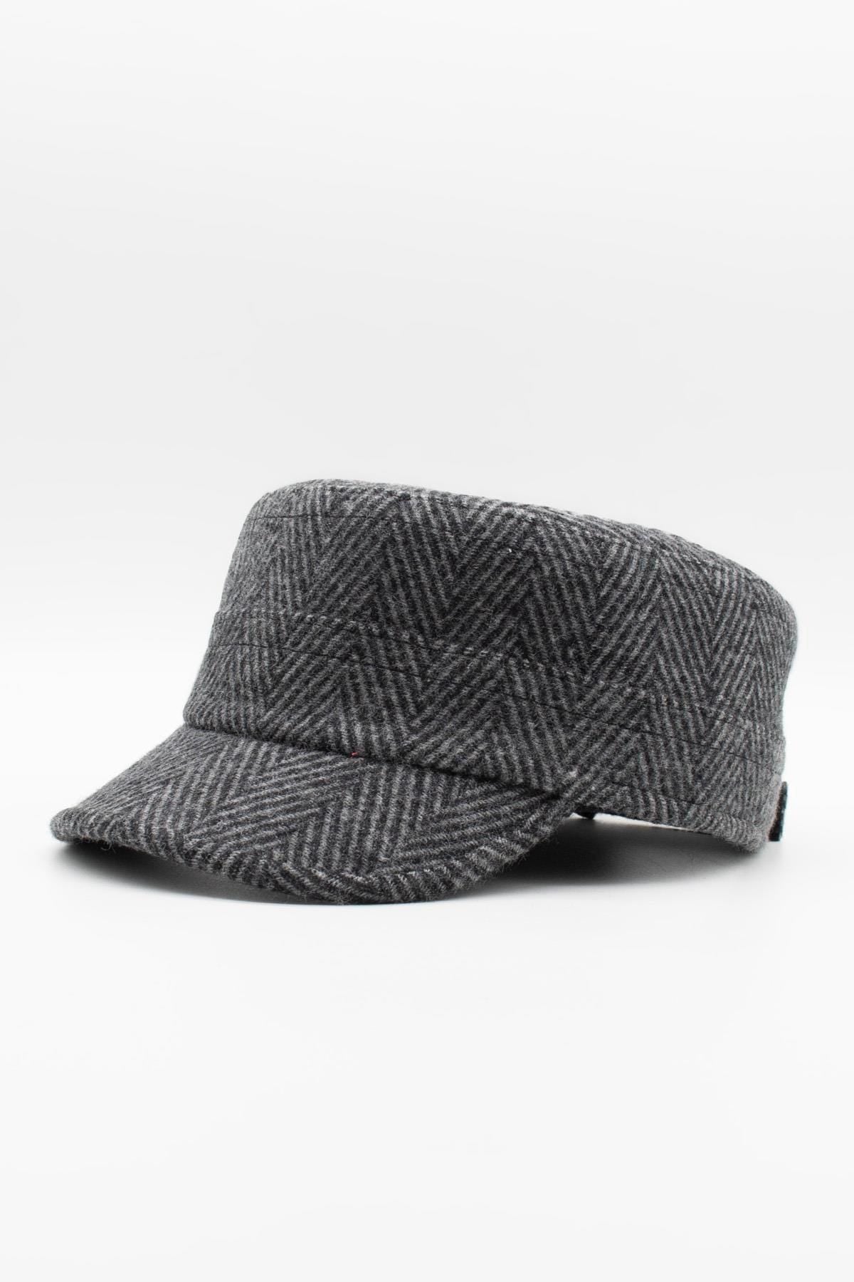 Wool Castro Cap For Men Herringbone Military Hat, Winter Style