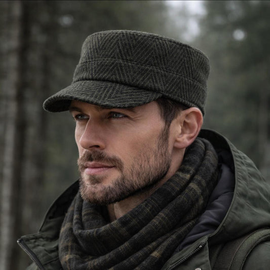 Herringbone Wool Castro Cap Vintage Military Hat For Men