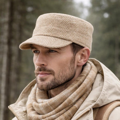 Wool Castro Cap For Men Herringbone Military Hat, Winter Style