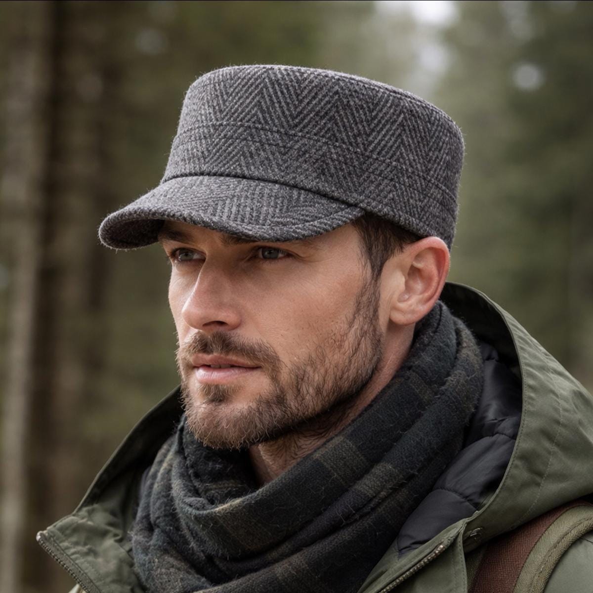 Wool Castro Cap For Men Herringbone Military Hat, Winter Style