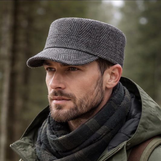 Wool Castro Cap For Men Herringbone Military Hat, Winter Style
