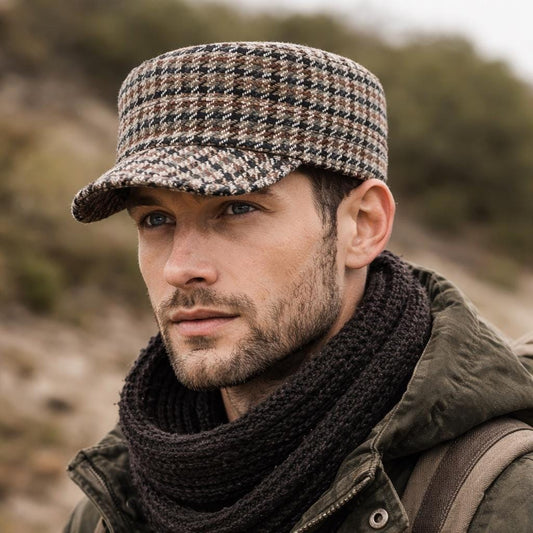 Men Wool Cadet Cap  Brown Tweed Military Hat