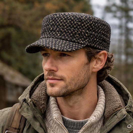 Brown Tweed Cadet Cap For Men Wool Military Style Hat